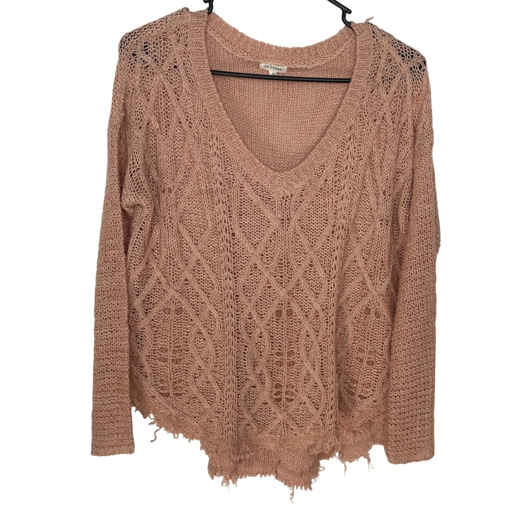 En Creme Women Sweater Distressed Open Knit V-Neck M Peach Boho Frayed Fairycore